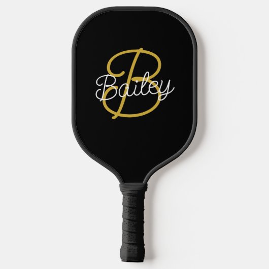 Einfache Schwarz-Gold-Retro-Script-Monogramm Pickleball Schläger (Rückseite)