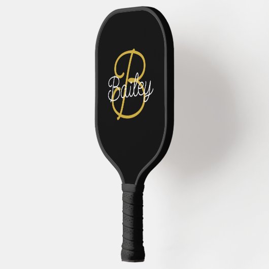 Einfache Schwarz-Gold-Retro-Script-Monogramm Pickleball Schläger (Links)