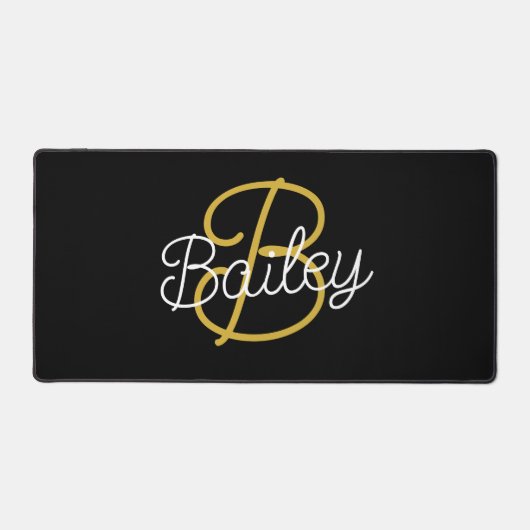 Einfache Schwarz-Gold-Retro-Script-Monogramm Schreibtischunterlage (Vorderseite)