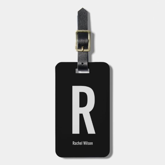Einfache Schwarz-Grau-Monogram-Initial und Name Gepäckanhänger (Vorderseite vertikal)