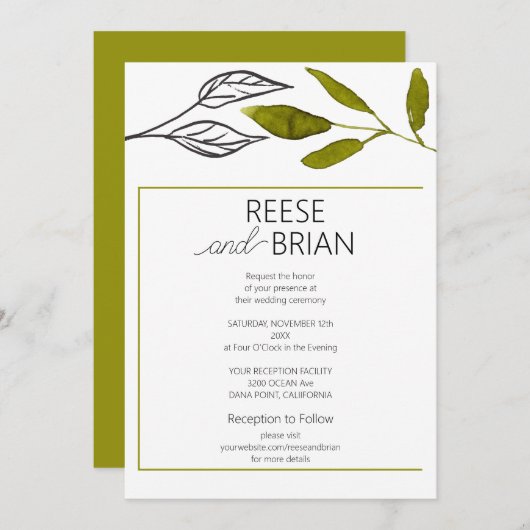 Einfache Schwarz-Grün-Natur Hochzeit Einladung (Vorne/Hinten)