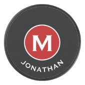 Einfache schwarz-klassische rote Monogrammbezeichn Eishockey Puck (Vorderseite)