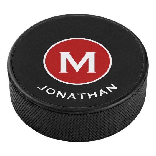 Einfache schwarz-klassische rote Monogrammbezeichn Eishockey Puck (3/4)