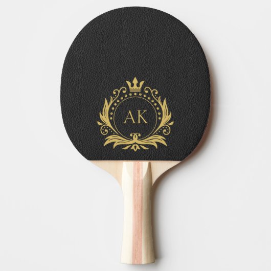Einfache Schwarz-Leder-Gold-Kronen-Rahmen-Monogram Tischtennis Schläger (Vorderseite)