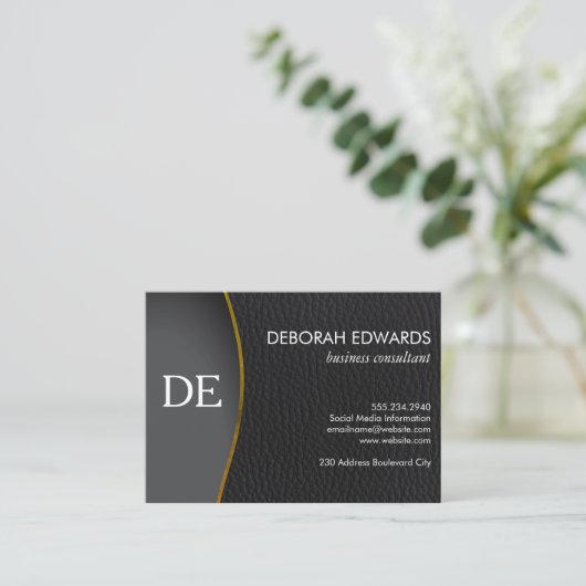 Einfache Schwarz-Leder-Monogramm Visitenkarte (Stehend Vorderseite)