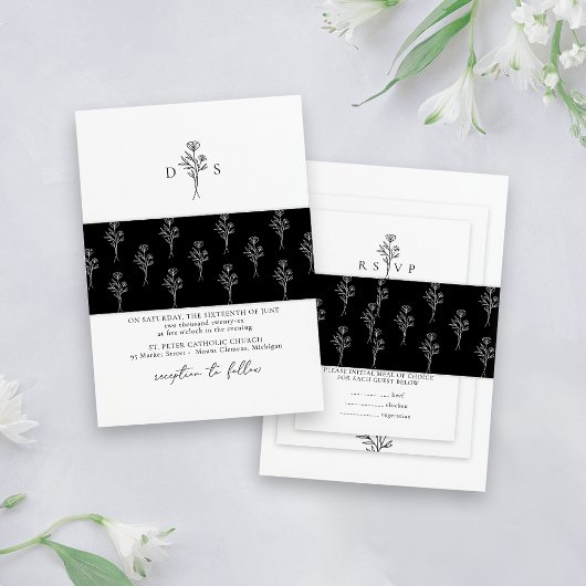 Einfache Schwarz-Minimalistisch-Flora-Muster-Hochz Einladungsbanderole