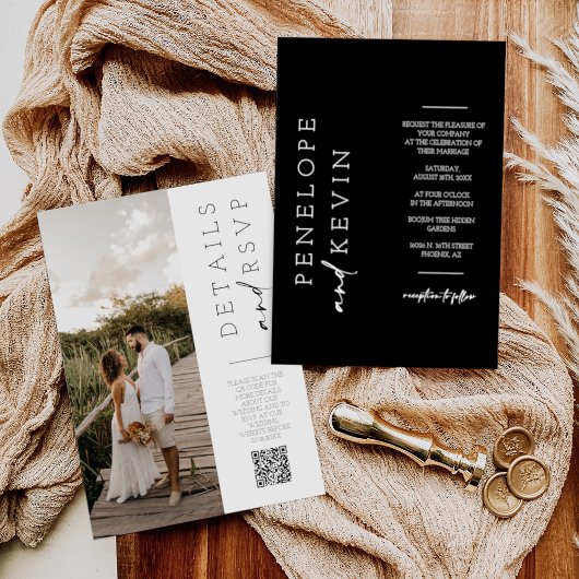 Einfache Schwarz-Minimalistisch-Hochzeit-Foto QR-C Einladung