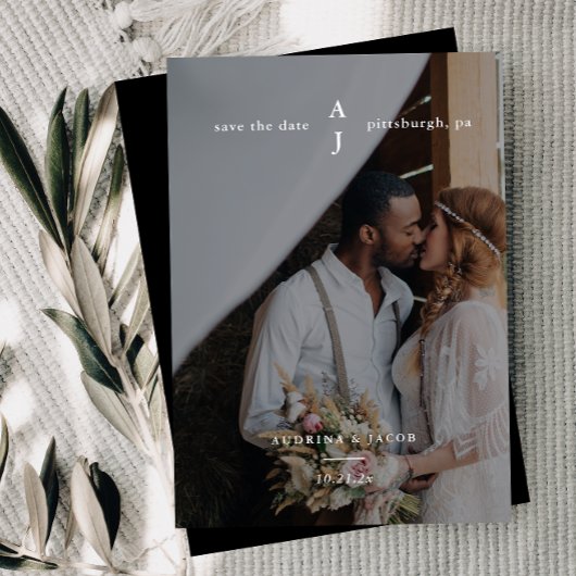 Einfache Schwarz-Monogramm-Foto-Hochzeit Save The Date