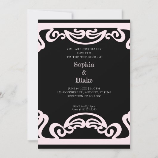 Einfache Schwarz/Rosa Art Déco Hochzeit Einladung (Vorderseite)