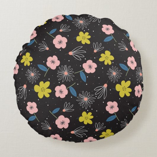 Einfache Schwarz-Rosa-Illustration Blumenmuster Rundes Kissen (Vorderseite)