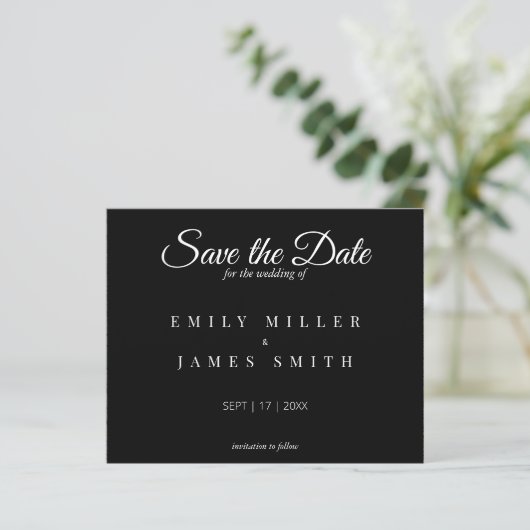 Einfache Schwarz-Save the Date-Hochzeit (Stehend Vorderseite)