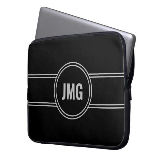 Einfache Schwarz-Silber-Monogramm Laptopschutzhülle (Vorderseite Links)