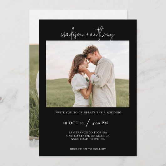 Einfache Schwarz Stilschrift mit Foto Wedding Einladung (Vorne/Hinten)