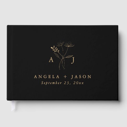 Einfache Schwarz und Gold | Botanische Monogramm-H Gästebuch (Vorderseite)