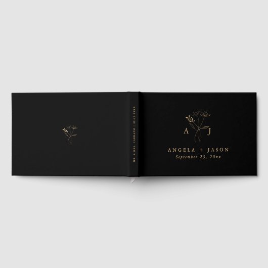 Einfache Schwarz und Gold | Botanische Monogramm-H Gästebuch (Voll)