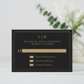 Einfache Schwarz und Gold Monogram Elegante Hochze RSVP Karte (Stehend Vorderseite)