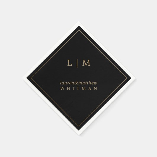 Einfache Schwarz und Gold Monogram Elegante Hochze Serviette (Ecke)
