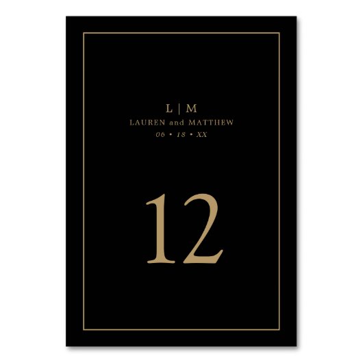 Einfache Schwarz und Gold Monogram Elegante Hochze Tischnummer (Rückseite)