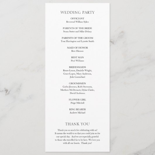 Einfache Schwarz und Weiß Moderne Hochzeit Programm (Rückseite)