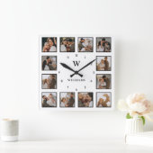Einfache Schwarz-Weiß 12-Foto Collage Erstname Quadratische Wanduhr (Zuhause)