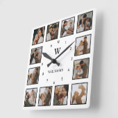 Einfache Schwarz-Weiß 12-Foto Collage Erstname Quadratische Wanduhr (Winkel)