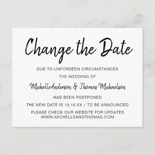 Einfache Schwarz-Weiß-Änderung des Datums Ankündigungspostkarte (Vorderseite)