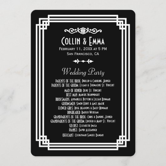 Einfache Schwarz-Weiß-Art-Déco-Hochzeitsprogramme Programm (Vorderseite)