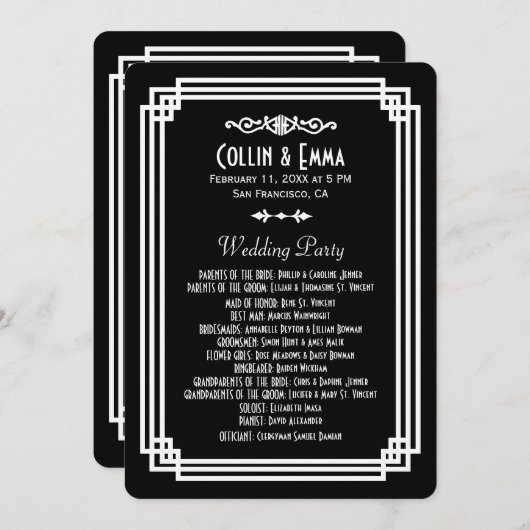 Einfache Schwarz-Weiß-Art-Déco-Hochzeitsprogramme Programm (Vorne/Hinten)