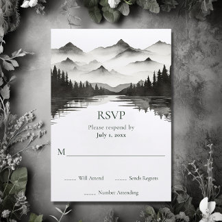 Einfache Schwarz-Weiß-Bergsee Hochzeit RSVP Karte
