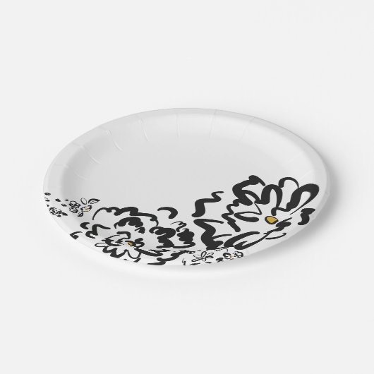 Einfache Schwarz-Weiß-Blume Zeichnend Party Pappteller (Schrägansicht)