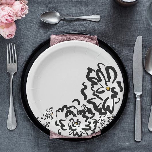 Einfache Schwarz-Weiß-Blume Zeichnend Party Pappteller