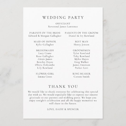 Einfache Schwarz-Weiß-Blütenmonogramm-Hochzeit Programm (Rückseite)