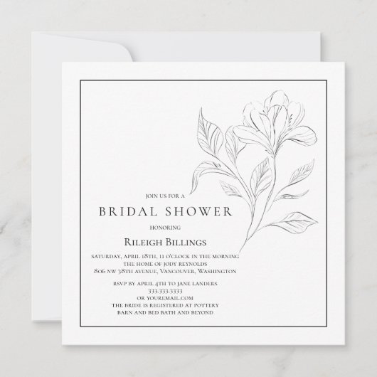 Einfache Schwarz-Weiß-Brautparty-Blumen Einladung (Vorderseite)