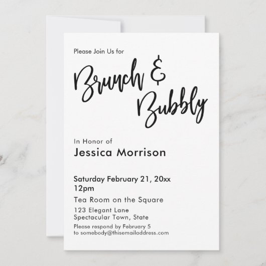 Einfache Schwarz-Weiß-Brunch- und Bubbly-Typografi Einladung (Vorderseite)