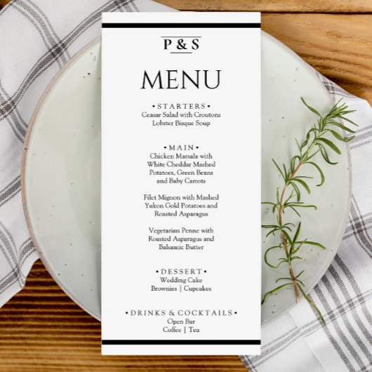Einfache Schwarz-Weiß-Chic Monogram-Dinner Hochzei Menükarte
