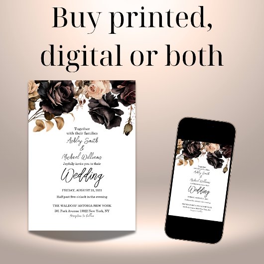 Einfache Schwarz-Weiß-Dunkelblume-Hochzeit Einladung