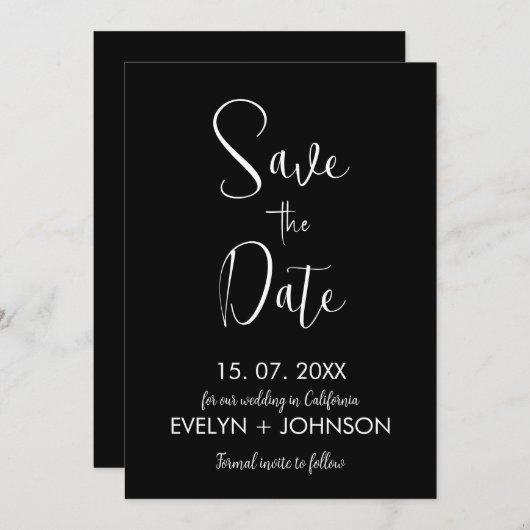 Einfache Schwarz/Weiß Elegant Minimalistisch Save The Date (Vorne/Hinten)