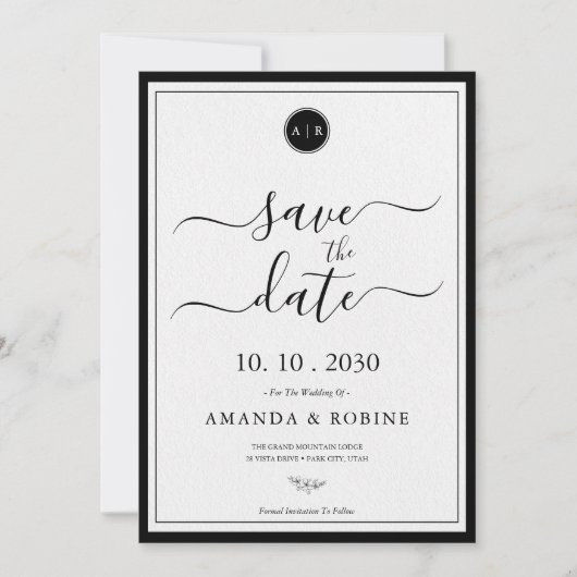 Einfache Schwarz-Weiß-Elegant Save The Date (Vorderseite)