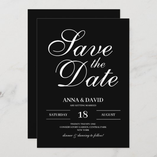 Einfache Schwarz-Weiß-Eleganz Save the Date Einladung (Vorne/Hinten)