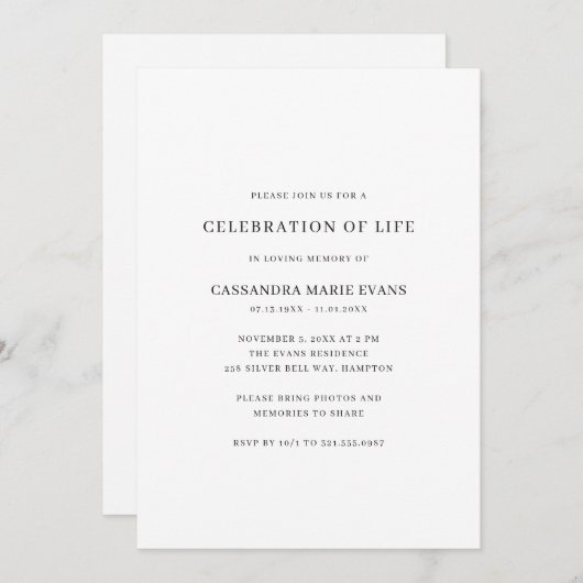 Einfache Schwarz-Weiß-Feier des Lebens Einladung (Vorne/Hinten)