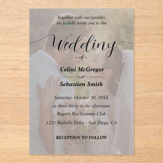 Einfache Schwarz-Weiß-Foto-Overlay-Hochzeit Acryleinladungen (Vorderseite)