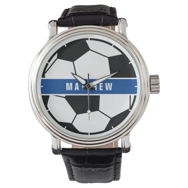 Einfache Schwarz-Weiß-Fußball-Monogramm Armbanduhr (Vorderseite)