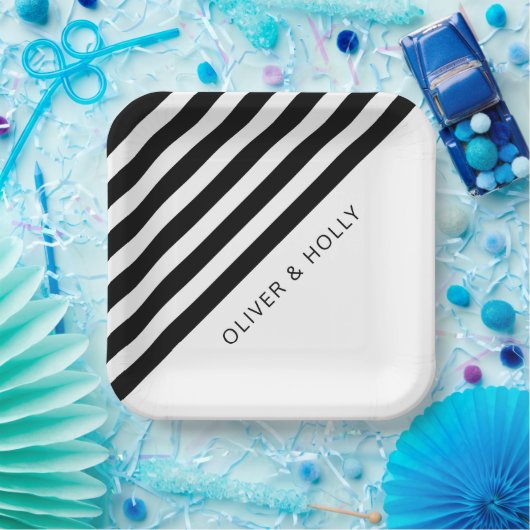 Einfache, schwarz-weiß gestreifte Square-Hochzeit Pappteller (Party)