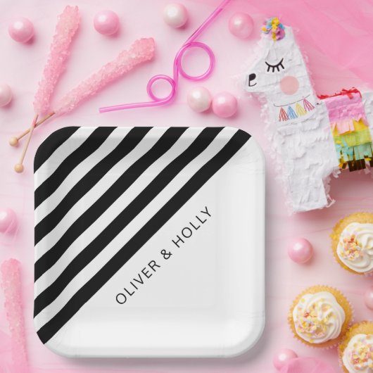 Einfache, schwarz-weiß gestreifte Square-Hochzeit Pappteller (Party)
