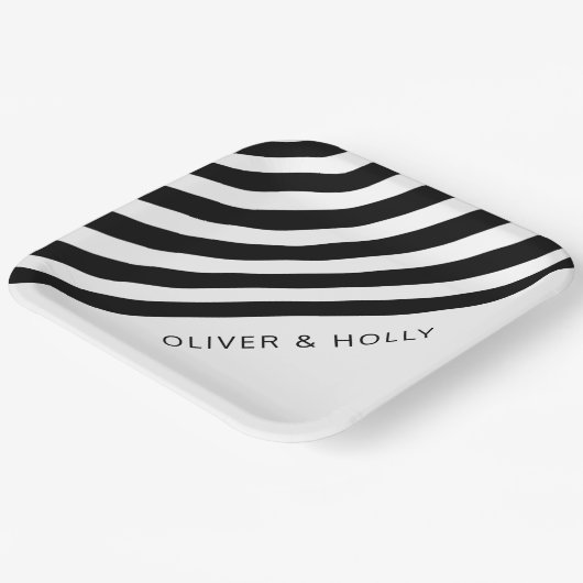 Einfache, schwarz-weiß gestreifte Square-Hochzeit Pappteller (Gewinkelt)