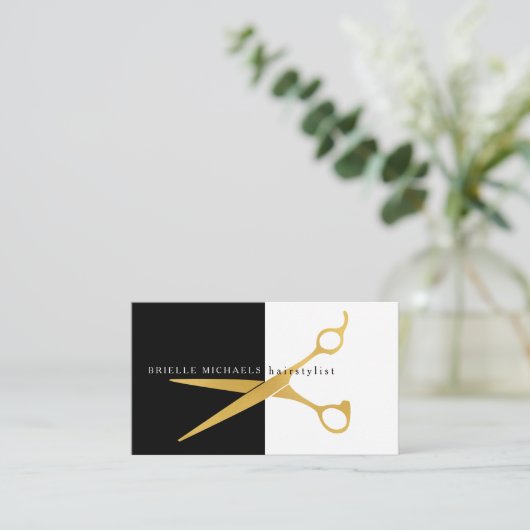 Einfache Schwarz-Weiß-Goldschere Friseurin Terminkarte (Stehend Vorderseite)