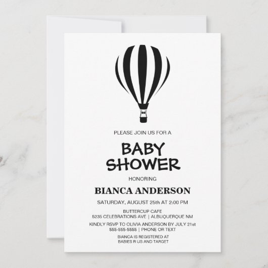 Einfache Schwarz-Weiß-Heißluftballon Babydusche Einladung (Vorderseite)