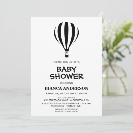 Einfache Schwarz-Weiß-Heißluftballon Babydusche Einladung (Stehend Vorderseite)