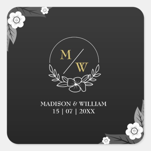 Einfache Schwarz-Weiß-Hochzeit Quadratischer Aufkleber (Vorderseite)