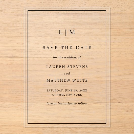 Einfache Schwarz-Weiß-Hochzeit speichern Sie das D Acryleinladungen (Vorderseite)